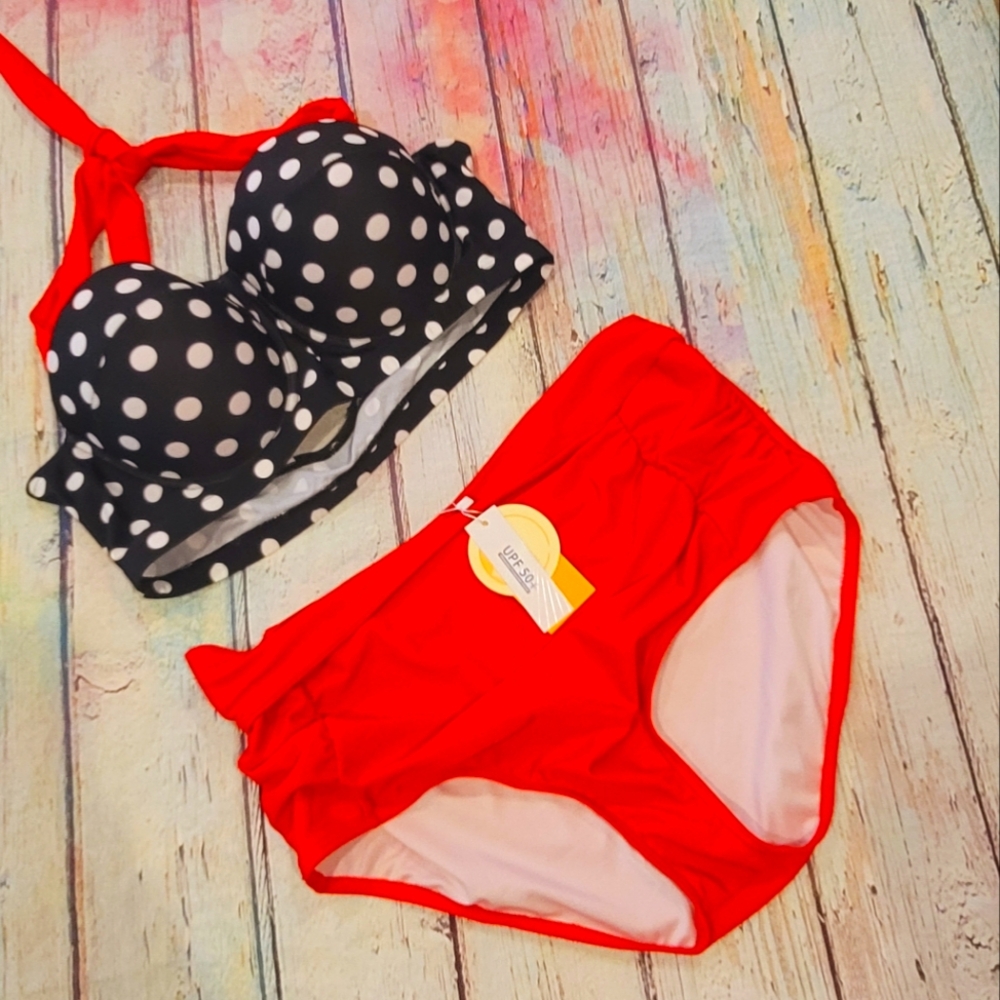 2pc high-waisted red and polkadot